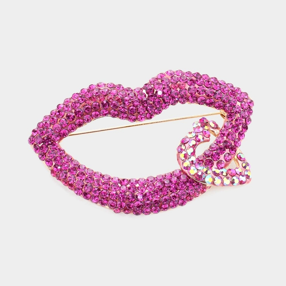 Pink Fuchsia Rhinestone Crystal Heart Lip Brooch Pin Cute Statement Accessory